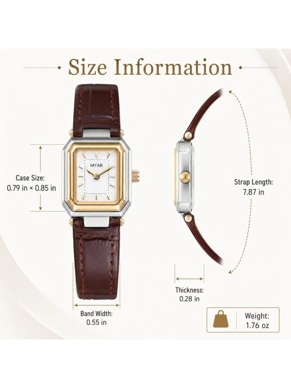 Women's Two Tone Coffee Square Vintage Leather Strap Dress Quartz Elegant Watch